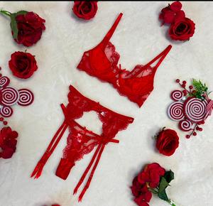 LILIOSA LINGERIE Robyn -  Elegant Satin Lace 3 Piece Red Sexy Lingerie Set (Clasp Bra+Clasp Garter+Adjustable Panties) Comfortable Womenswear, Sexy Feminine Love Elegance Style Matching, Cute Bow Ribbon, Quality Comfy Sheer Thong, Bridal Day Lingerie,