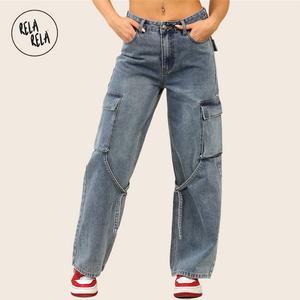 RELA RELA Cargo Jeans Denim Blue Straight Wide Leg Baggy Jeans UK 6-20 Plus Size Available Comfort Fit Bottom Pants Trousers